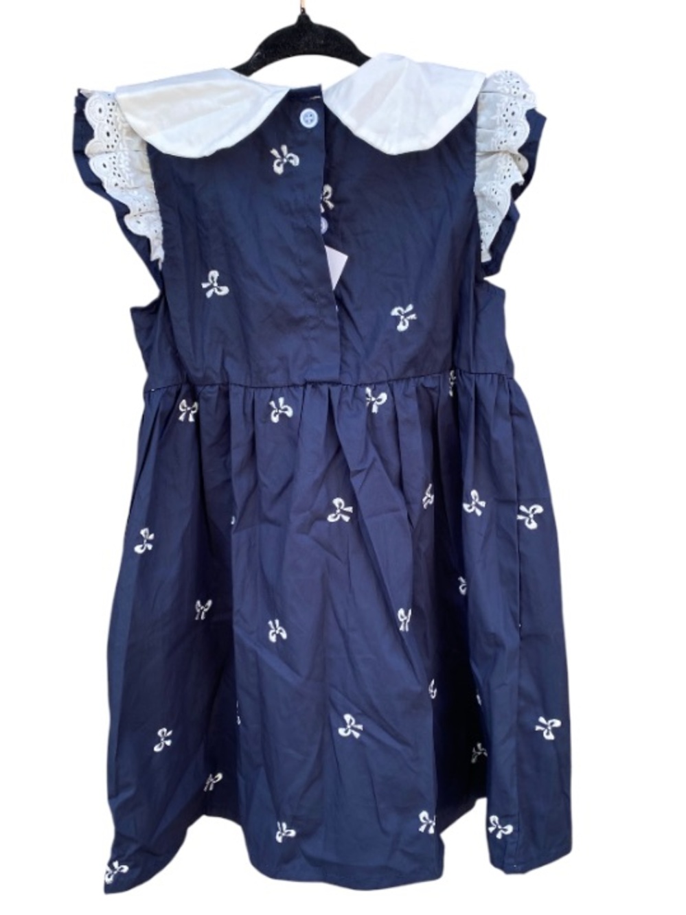 Navy Embroidered Bows Cotton Dress with White Peter Pan Collar NWT Size 4 - Picture 9 of 9